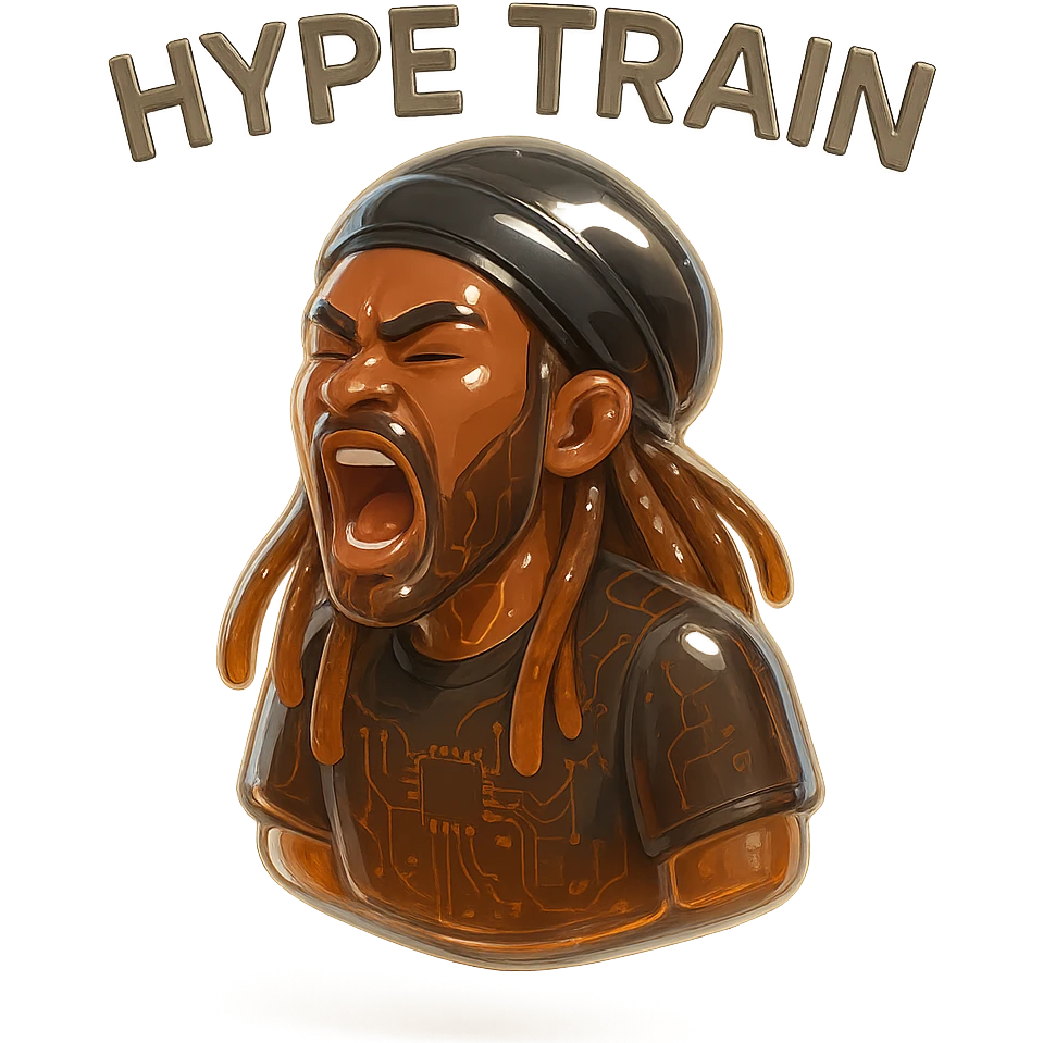 Brownskin man with long brown dreadlocks 
black  t-shirt 
black turban 
expression is yelling 
Add the word HYPE TRAIN emoji