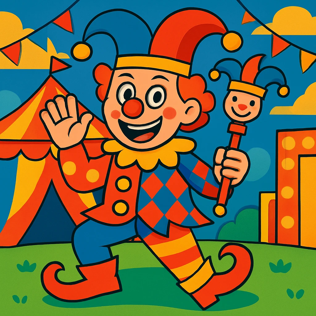 Add a lively circus background to the cartoonish joker clown on the playing card, keeping the energetic and silly feel. emoji
