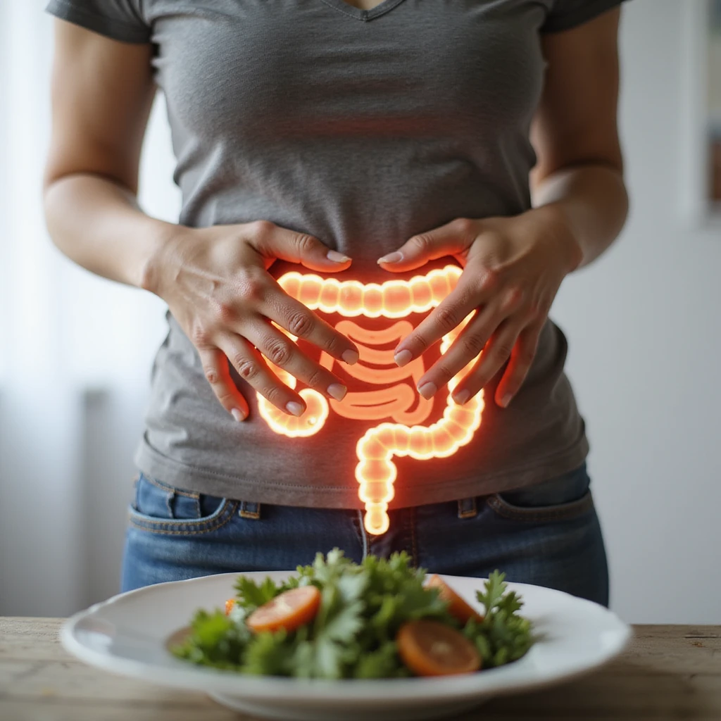 adult woman, photorealistic, on a diet for intestinal problems, hands on abdomen, intestine highlighted in transparency, painful expression, healthy food plate in front, natural light, kitchen background emoji