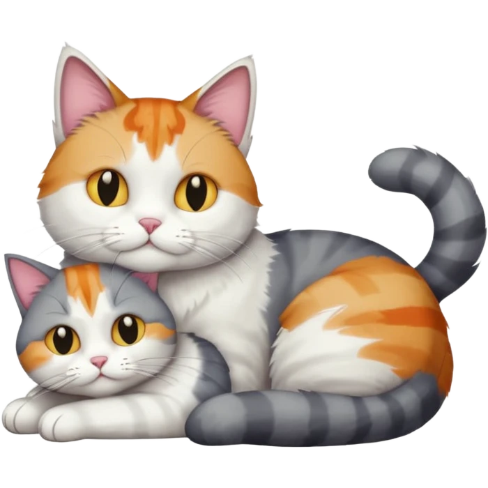 full body colourful light patched calico + white tabby cat cuddling a large grey and white cat  emoji