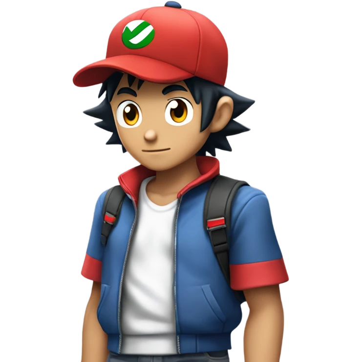 ASH ketchum, pokemon trainer with his spiky black hair showing from beneath his signature red and white baseball cap.  emoji