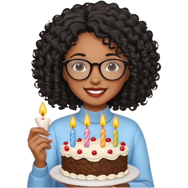A Black woman with curly black hair and glasses holding a birthday cake emoji