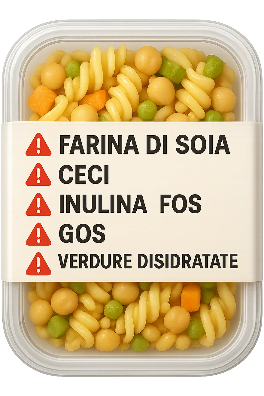 SU QUESTO STILE FAI UN EMOJI STILE IPHONE 3D DI UN insalata di pasta precotta preconfezionata con ETICHETTA CON GLI INGREDIENTI SCRITTI, "farina di soia, ceci, inulina, FOS, GOS, verdure disidratate" accanto ad ogni nome scritto mettici un segnale di allarme, FALLO MOLTO REALISTICO IN 3D emoji