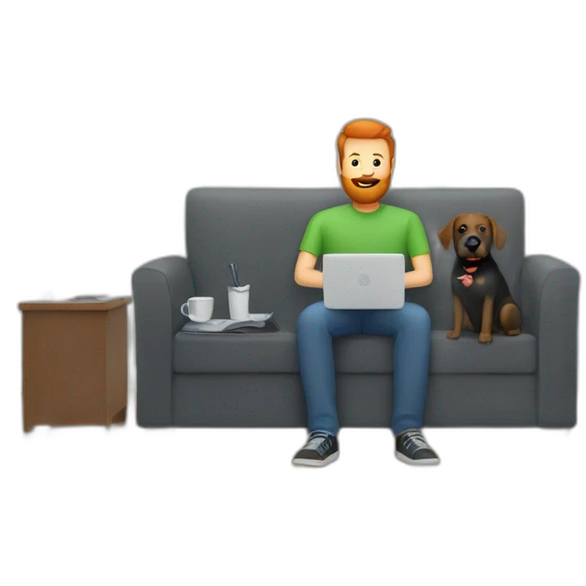 a man with a red beard sits working on a computer on the sofa with a black Labrador emoji