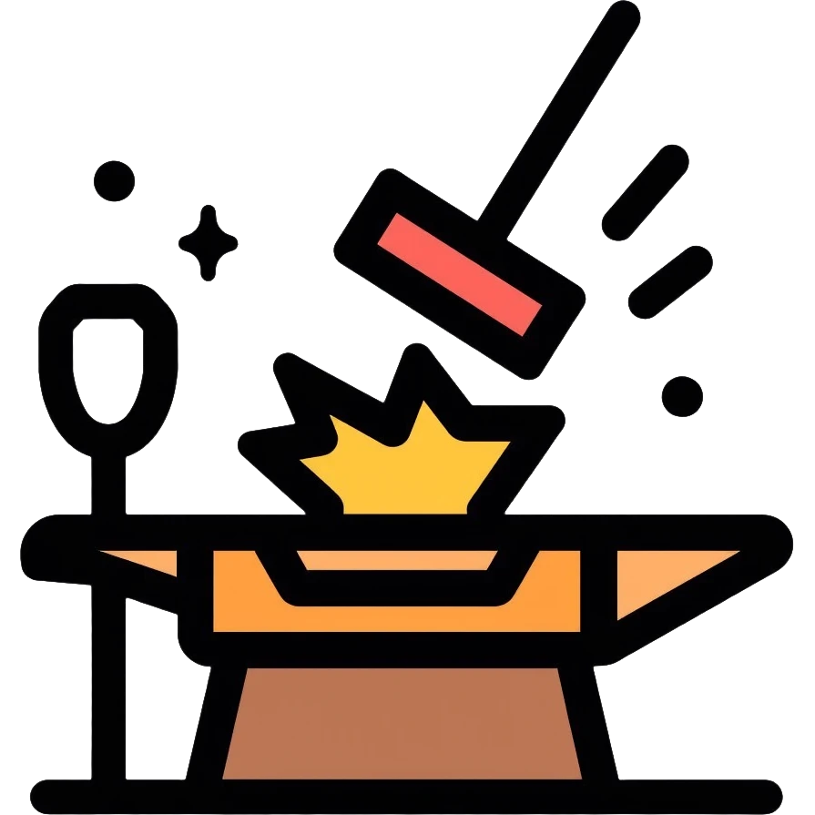 Blacksmithing icon, forged metal piece being shaped with hammer and anvil, glowing red-hot metal, blacksmith tools like tongs and chisel, sparks flying, minimalistic style, clean lines emoji