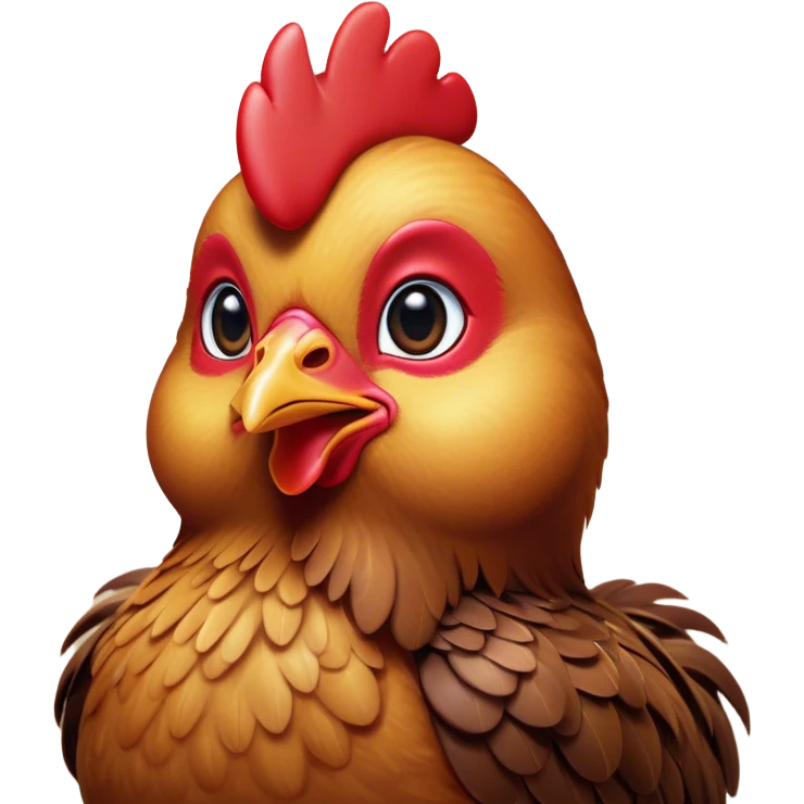 Cinematic Cute Brown Chicken Portrait Emoji, Head tilted playfully and inquisitively, featuring a lustrous brown feathered coat with a natural sheen and a subtle red comb, round, sparkling beady eyes filled with curiosity, Simplified yet irresistibly adorable features, highly detailed, glowing with a warm, friendly glow, high shine, affectionate and lively, stylized with a touch of country charm, bright and endearing, soft glowing outline, capturing the essence of a mischievous yet loving chicken, so playful it feels like it could peck out of the screen and into your arms! emoji