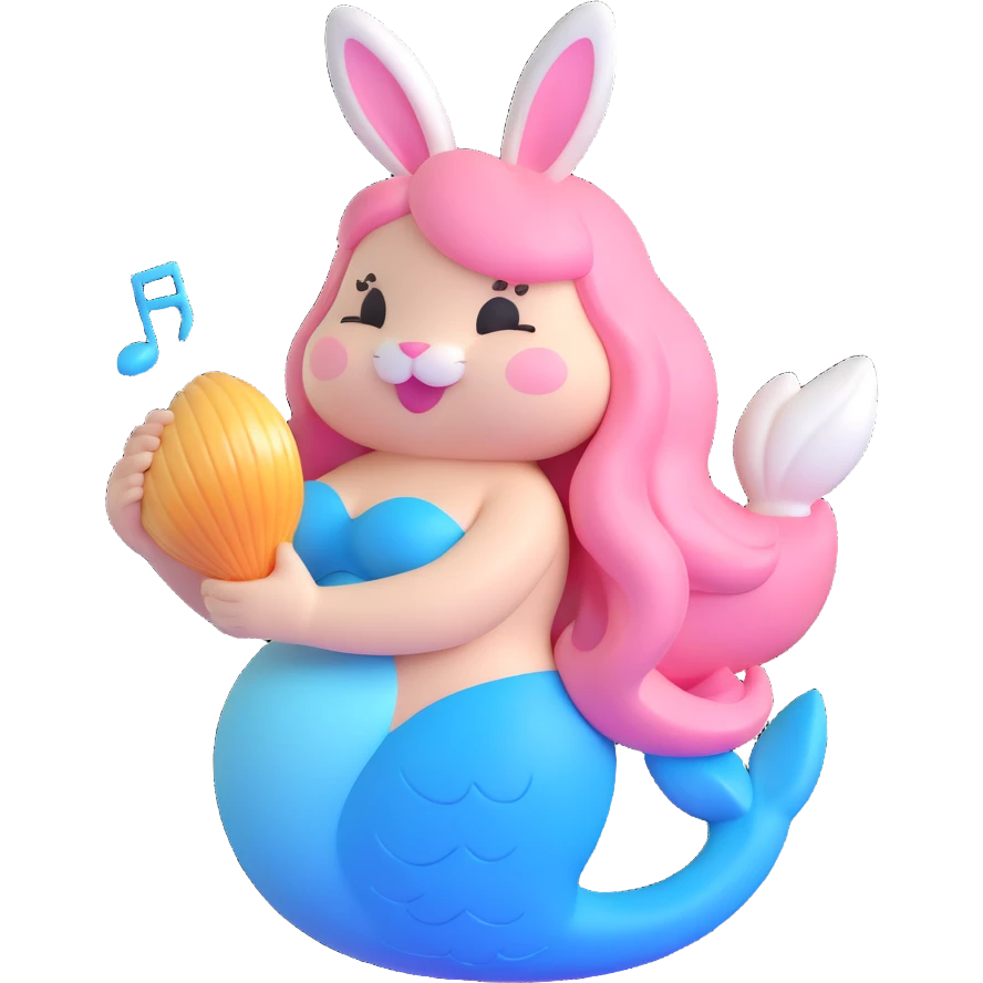 3D iOS-style bunny mermaid with pastel pink and blue tail, holding seashell emitting musical notes, soft chubby bunny, shiny smooth finish, playful magical vibe emoji