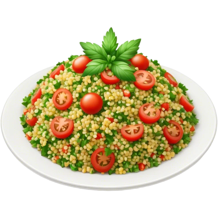 Cinematic Realistic Tabbouleh Salad Dish Emoji, showcasing a fresh herbaceous salad with bulgur, tomatoes, and parsley rendered with crisp textures and natural, vibrant lighting. emoji