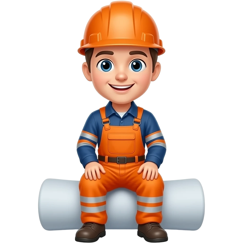 engineer sitting in full hi vis orange overalls, orange helmet, looking happy emoji