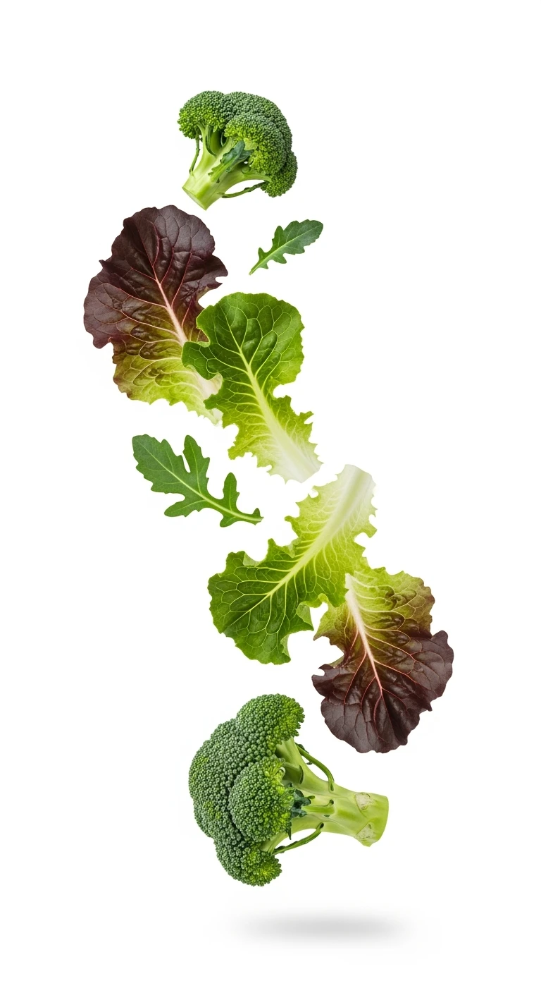 INSALATA E BROCCOLI FLUTTUANO IN ARIA, iperrealistico 4k, ISOLATA SU SFONDO BIANCO emoji