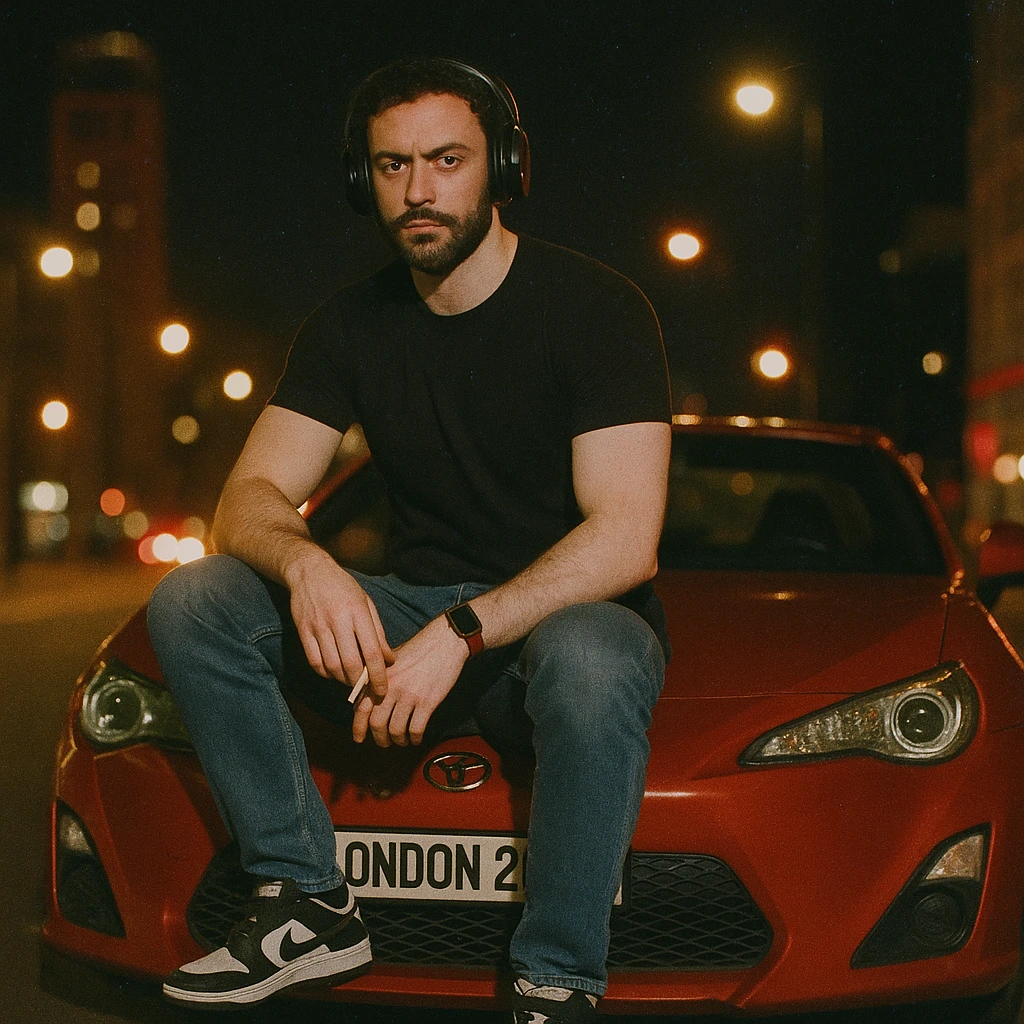 Grunge-style analog photo, London 2025, person inspired by the reference image sitting on the hood of a Nissan GT 86, model pose, black t-shirt, jeans, Nike Air Jordan low, using flash, city lights, analog grain, 2/8. emoji