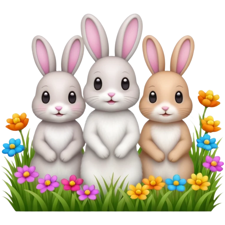 realistic 3 Bunny's standing in grass field with flowers happy looking foward emoji