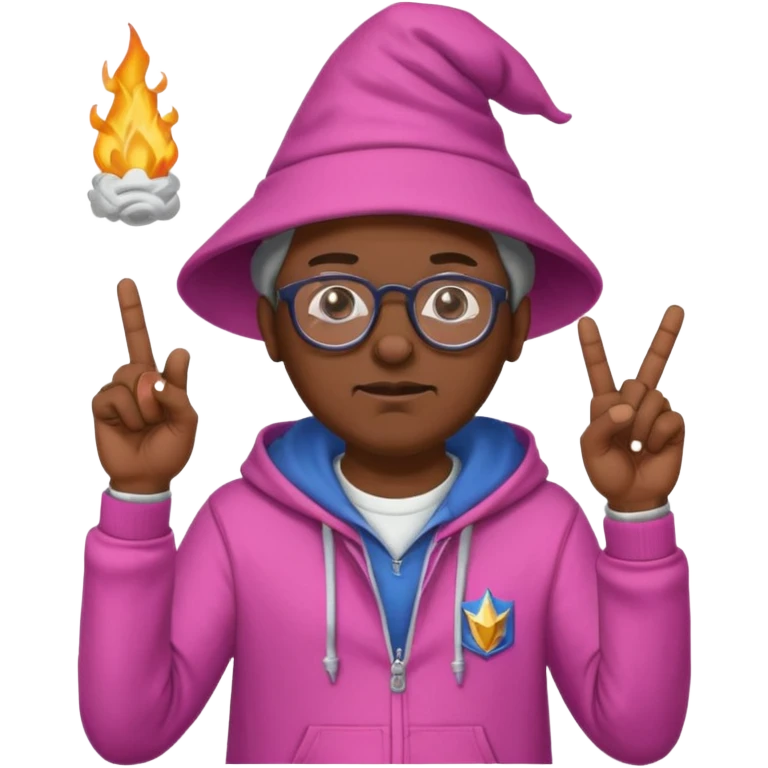 Black man holding middle finger wearing glasses and wizards hat and he have pink hoodie and jeans emoji
