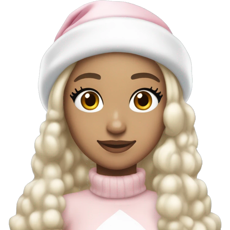 Ariana grande in a light pink christmas outfit wearing a light pink and white christmas hat with short light cold blonde hair emoji