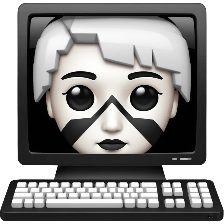 White and black 80s computer with face emoji