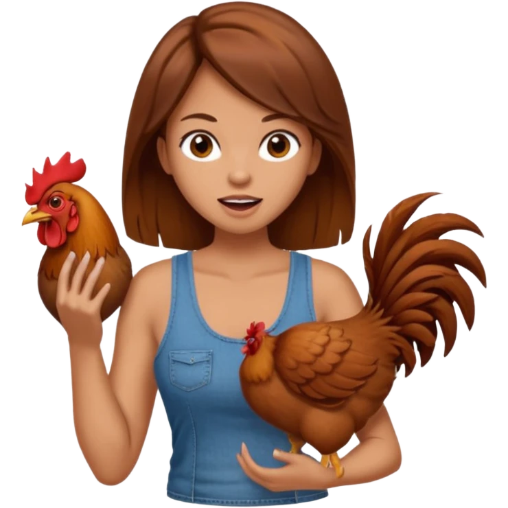 Kneeling Brown hair very large boob Woman open mouth tank top, wearing jeans touching one rooster emoji
