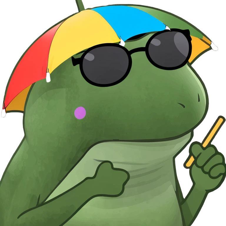 Make this frog look even more like the classic Bufo meme: green, wide-eyed, with the signature Bufo face, wearing a rainbow umbrella hat, round sunglasses, and holding a pink cocktail, in bufo style, no background. emoji