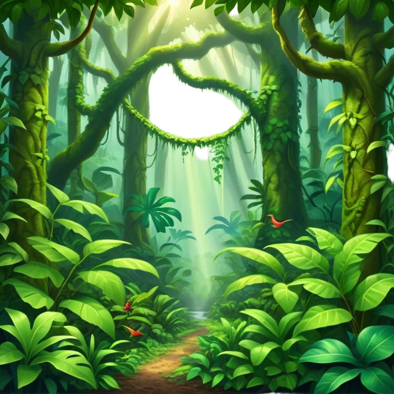 Cinematic Realistic Rainforest Emoji in a wooden frame, Lush and vibrant, filled with towering trees, thick vines, and dense green foliage, sunlight filtering through the canopy above, creating dappled patches of light on the rich, diverse undergrowth. The air is heavy with moisture, with mist rising from the forest floor and distant calls of exotic birds and animals echoing through the trees. Soft glowing outline, capturing the essence of a thriving, untamed tropical paradise filled with life! emoji
