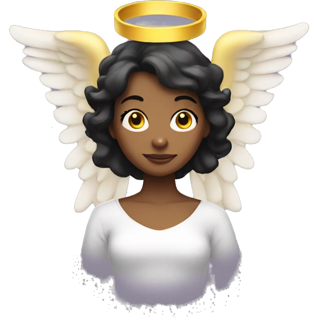 yellow round emoji of a naughty-looking dark-haired young woman with an angel halo on her head emoji