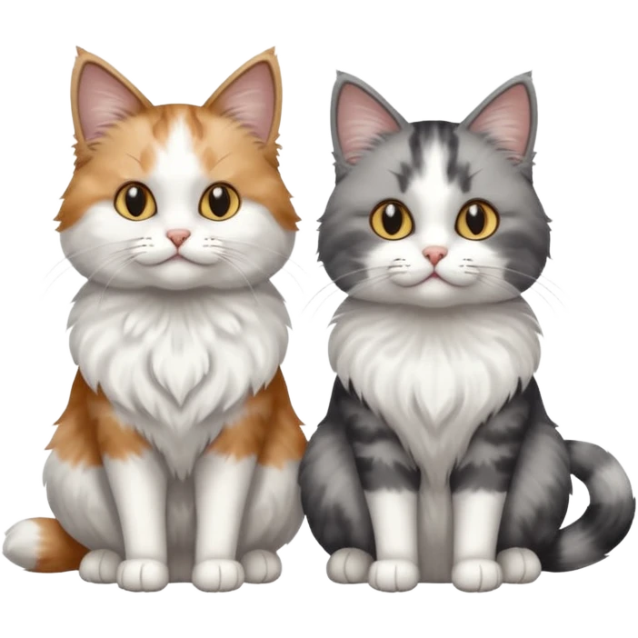 a realistic looking very fluffy grey and white cat sitting next to another cat emoji