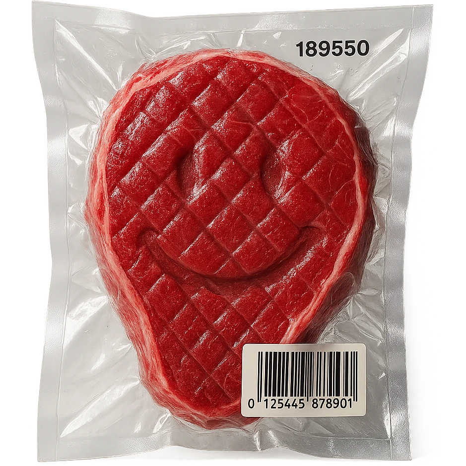 diamond-textured meat steak, shiny and inflated emoji