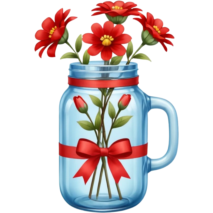 Blue mason jar with flowers and red ribbon emoji
