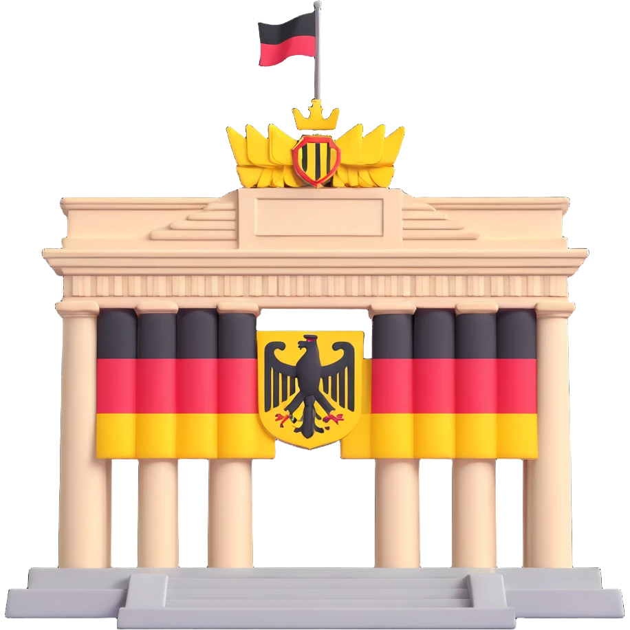Add more German symbolism to the universal character in 3D style, including the German coat of arms, flag, and possibly the silhouette of the Brandenburg Gate or other recognizable German elements. Keep the 3D style and transparent background. emoji