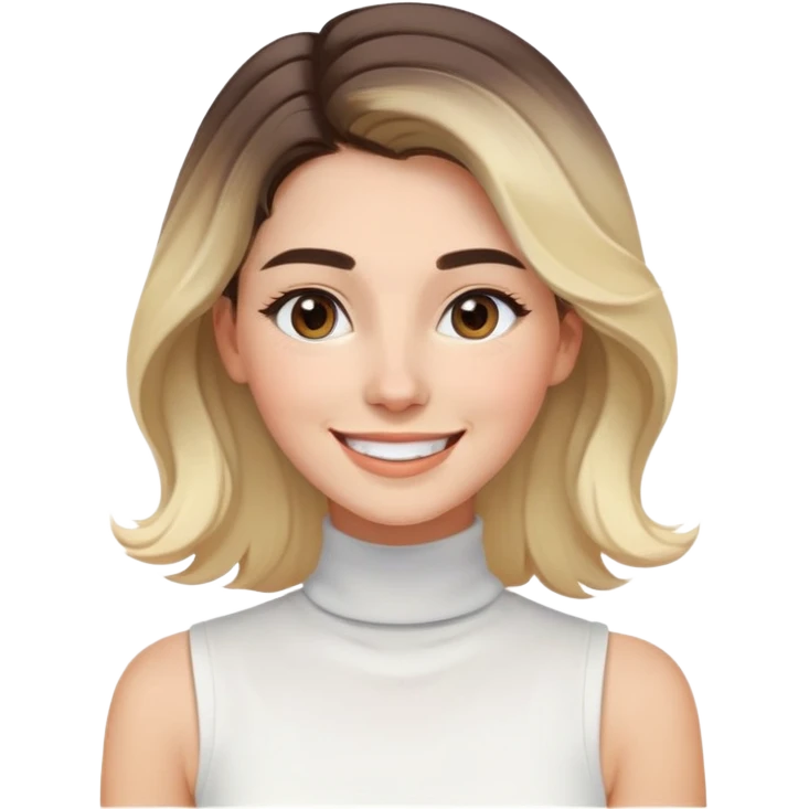 Mujer joven caucasian, cara alargada, cejas suaves, pelo marron oscuro ondulado con puntas rubias, raya al lado. Sonrisa amplia, expresión alegre. Turtle neck white shirt sin mangas. Ombre hair.  emoji