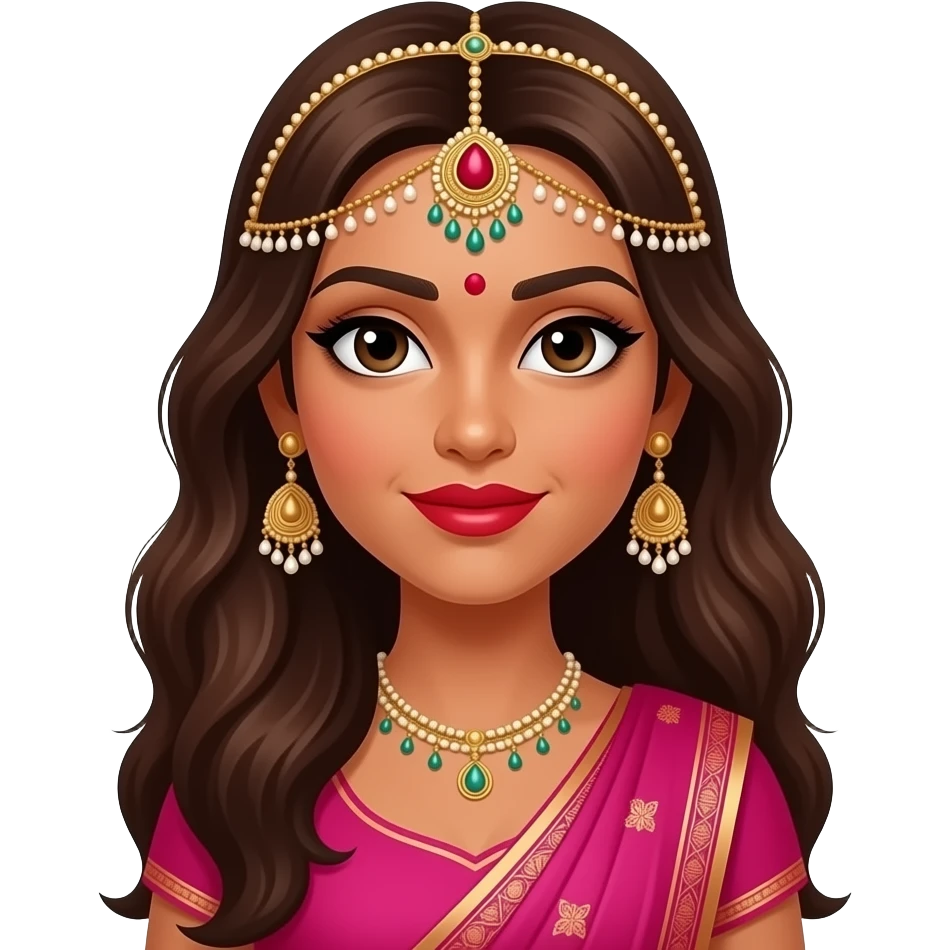 With skinny eyes an Indian baddie wearing hot pink with long brown hair VERY dark skin with a red lip and an indian thing on her head emoji