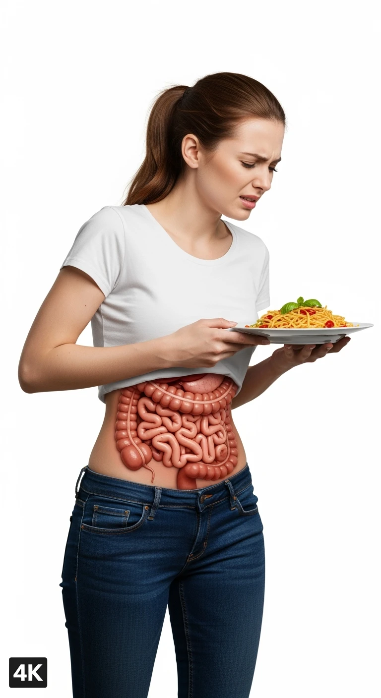 DONNA CON INTESTINO UMANO ANATOMICO REALISTICO IN EVIDENZA E MAL DI PANCIA MENTRE TIENE IN MANO UN PIATTO DI PASTA , IPERREALISTICO 4K, ISOLATO SU SFONDO BIANCO emoji