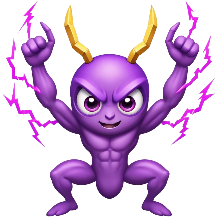 cute purple bug with big expressive eyes, strong muscular arms, a fun happy expression, and electric lightning bolt arms emoji