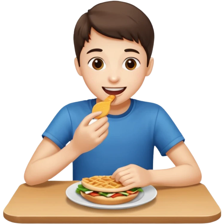middle school student taking a bite of food, sitting at a table, cheerful emoji