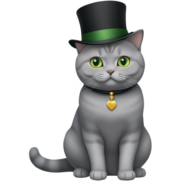 gray British Shorthair cat full body sitting with a black top hat and green eyes emoji