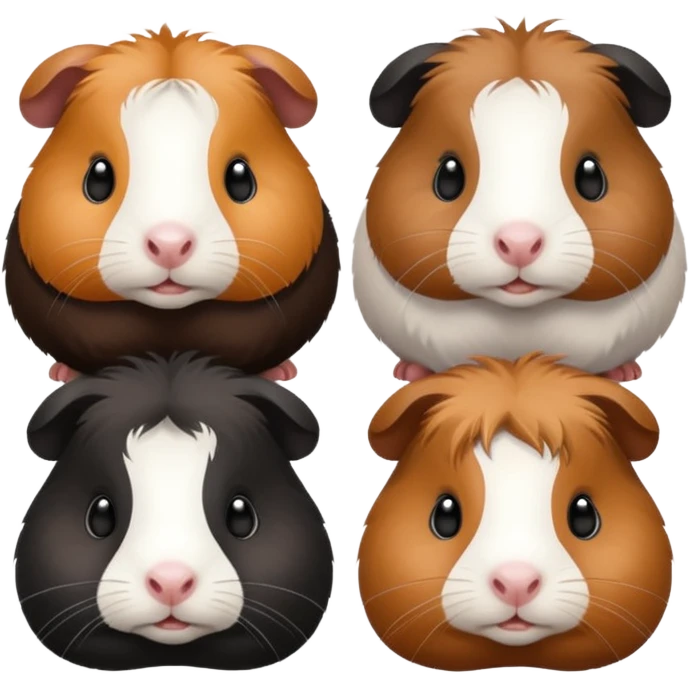 6 guinea pigs 2 black 1 creme 1 black and brown 1 white 1 white back and brown emoji