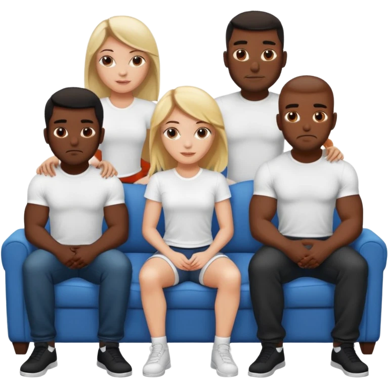 White girl sitting on couch with five muscular black men in white tshirts around her emoji