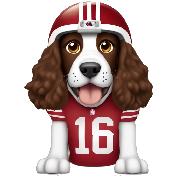 brown springer spaniel wearing 49ers football helmet and holding football emoji