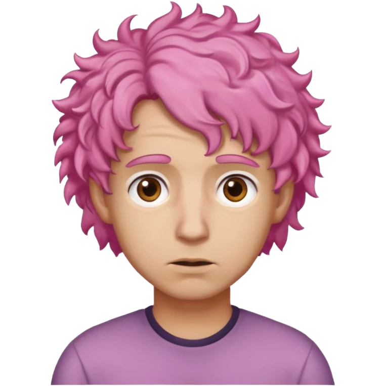A light-skinned man with moderately curly pink hair, brown eyes and a slightly uneasy expression. emoji