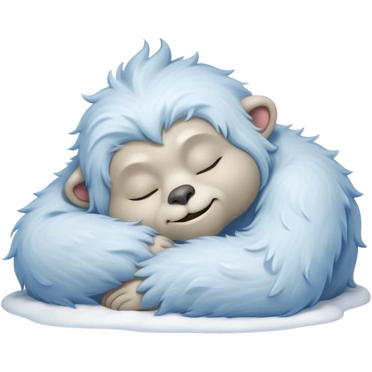 Meme-Worthy Cute Sleeping Yeti Portrait Emoji, with a charming, fluffy, snow-dusted figure in gentle whites and cool blues, head resting in blissful, serene slumber with closed, peaceful eyes and a small, contented smile, simplified yet irresistibly adorable, highly detailed with a soft frosty outline that captures the tender drowsiness of a yeti drifting into snowy dreams! emoji