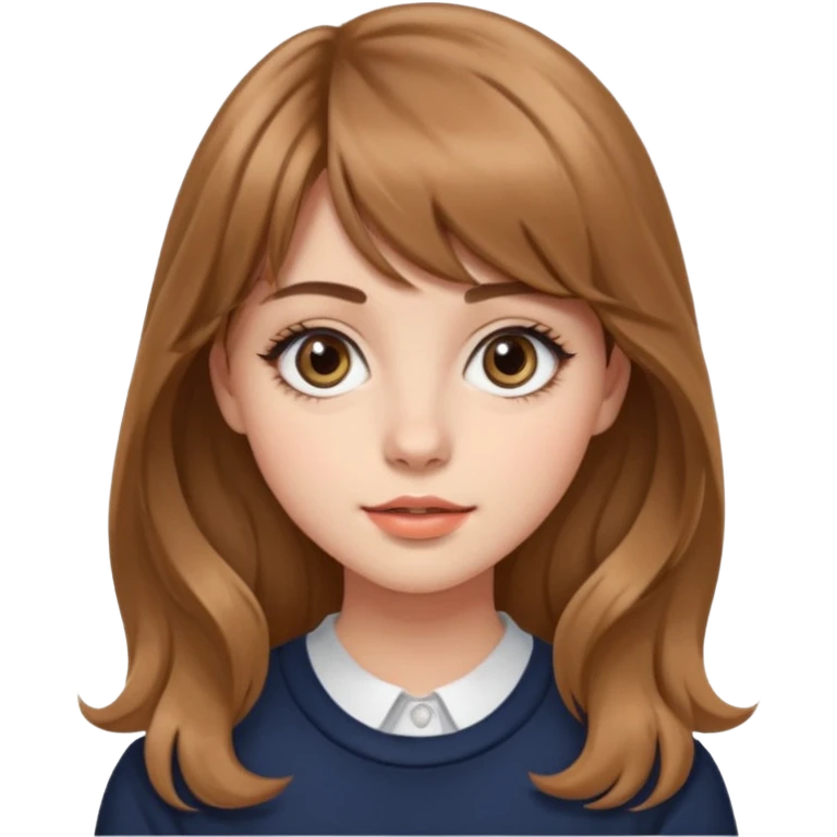 24세 광고홍보전공하는 대학생 여자, 앞머리가 있는 회갈색의 긴 웨이브 머리, 같은 회갈색 컬러의 눈썹,  큰 눈에 아이라인이 그려져있고 동그란 코에 적당한 입술 두깨, 시크한 표정 emoji