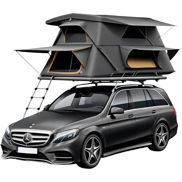 black Mercedes Benz car with roof tent emoji