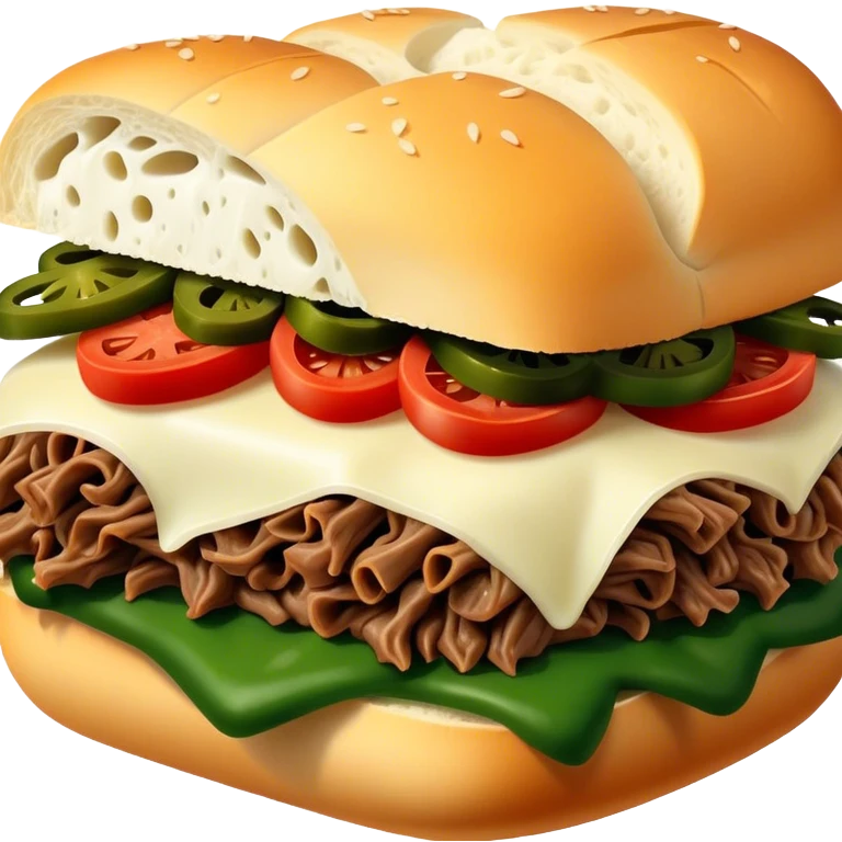 Chicago Italian cheesy beef sandwich. Italian bread, shredded beef, white provolone cheese, green peppers. emoji