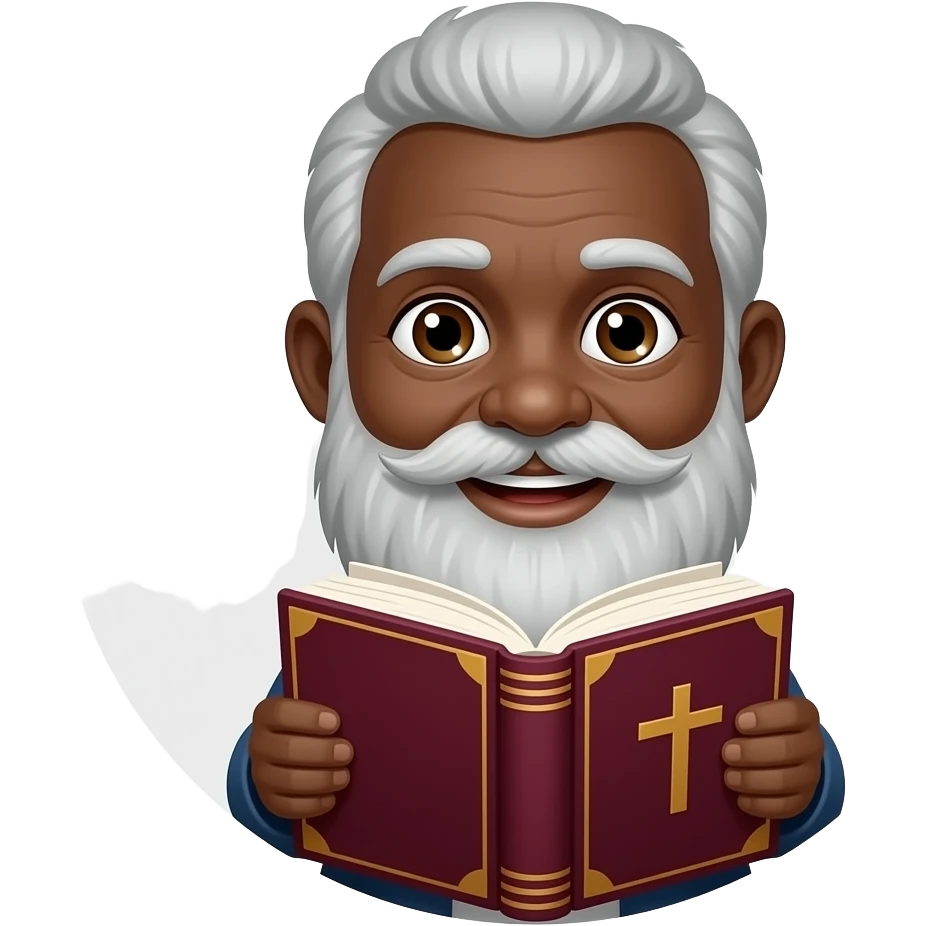 wise old man with grey hair slight smile brown eyes white beard black skin with burgundy book that has a cross on it no circle emoji