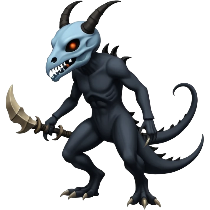 Shiny Dark Edgy  Duskull-Salandit-Inteleon-Amaura-Fakémon-hybrid-creature (full body) with a horned animal-skull-mask emoji