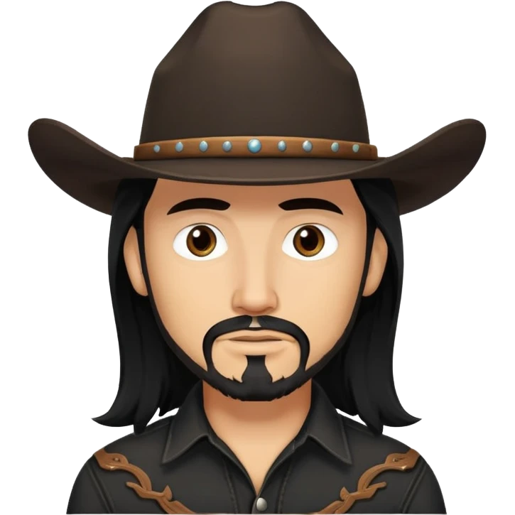 Cowboy with black long hair, brown eyes, tan skin and light black goatee black shirt emoji