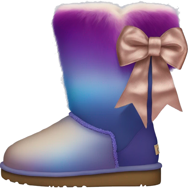 Realistic pair of blue ,purple,taupe and rose gold ombre Ugg fur boots with silk ribbon bows. emoji