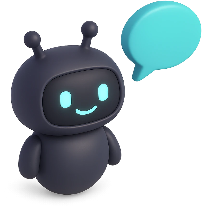 chatbot with speech bubble, 3D black style, main color #3B2C85, accent #83fff8, details #2C2828 emoji