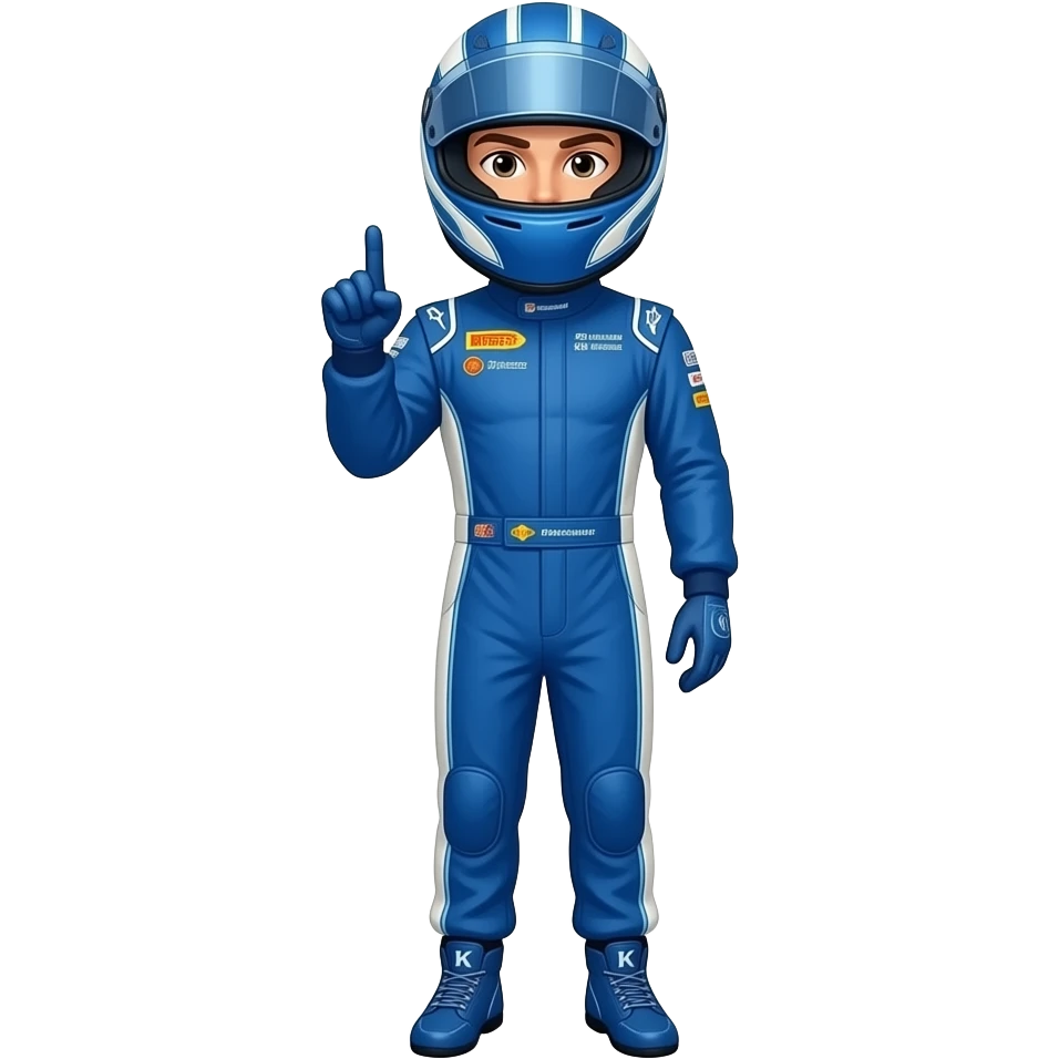 f1 racer posing with blue costume, using blue costume and helmet, K hand pose emoji