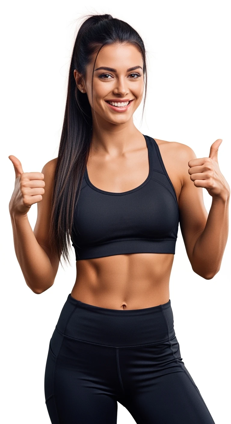 DONNA FITNESS ITALIANA FELICE CON POLLICI ALZATI, IPERREALISTICA 4K, SENZA SFONDO emoji