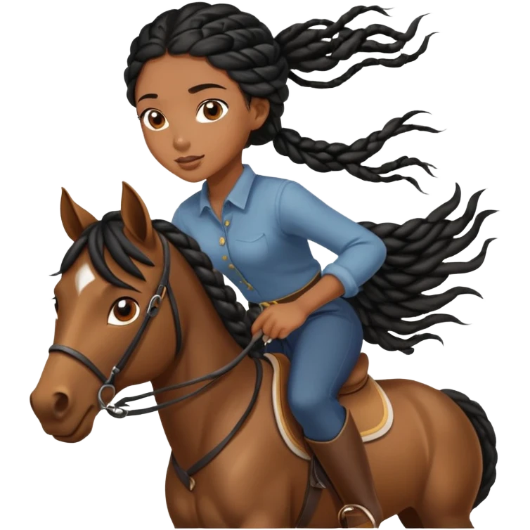 Black girl with long black braids ridding a horse her hair blows in the wind and sun shines on her brown eyes emoji
