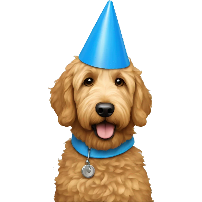 golden doodle wearing blue cone of shame around neck  emoji